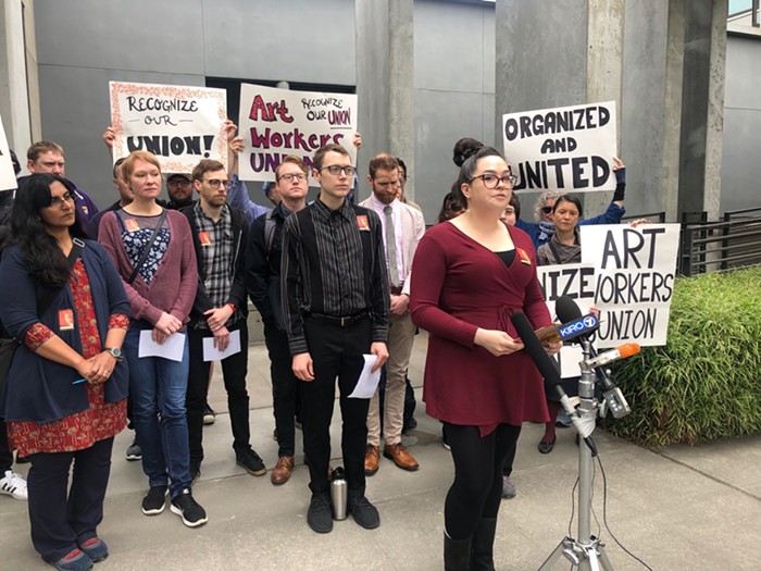 AWU member Caitlin Lee speaking outside the Frye this morning