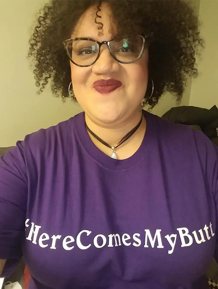 Bonus! The full selfie that is at the top of the post, with my personal slogan on t-shirt, Rebecca says. I ride the bus through Amazon country, and am always amazed at the number of people who dont know that the seat next to them is NOT for their bag.