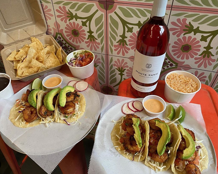 Date idea: Six shrimp tacos and a bottle of Monte Xanic Grenache Rose is $50.