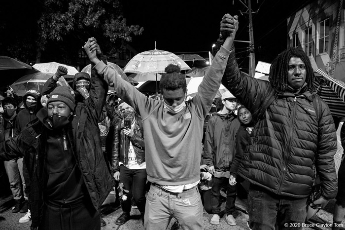 Protest leaders front and center of the barricade.