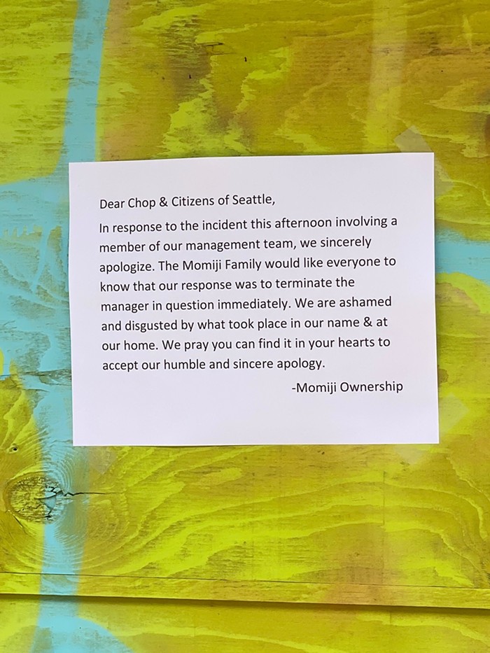 A letter posted by Momiji management outside their location in CHOP.