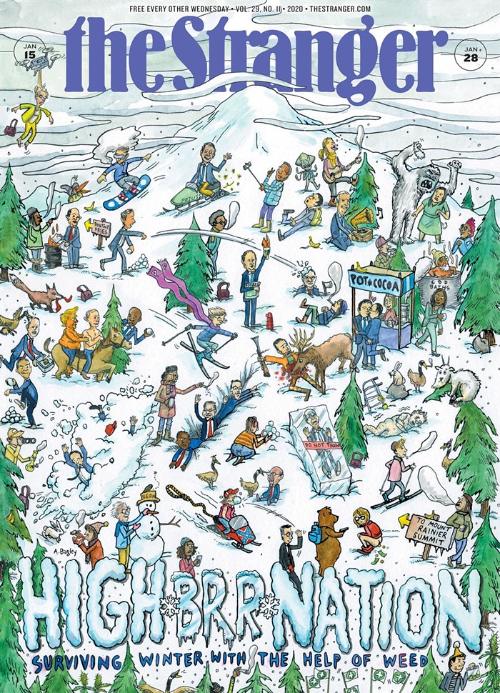One of the last covers The Stranger printed before (temporarily) ceasing print operations is this one featuring a drone carrying Ivanka Trump by her hair, Donald Trump riding a horse shirtless with Putin, and Mitch McConnell frozen in a block of ice. One of the last covers The Stranger printed before (temporarily) ceasing print operations is this one featuring a drone carrying Ivanka Trump by her hair, Donald Trump riding a horse shirtless with Putin, and Mitch McConnell frozen in a block of ice.