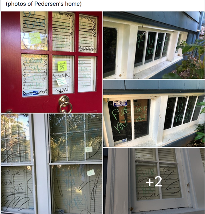 According to a local Facebook group, this is the vandalism at Pedersens house. According to a local Facebook group, this is the vandalism at Pedersens house.