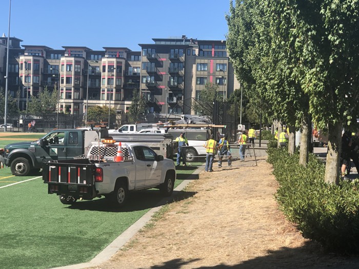 Park crews prepare to fence off the Shelterhouse.