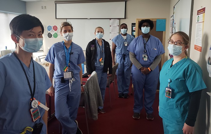 Some of Harborviews finest. (L-R) Nora Li, MD, PharmD; Barbara Kozminski, MD; Alicia Seeds, MD; James Abe, MD; Lyndsey Booker, MD; Heather Barnett, MD.