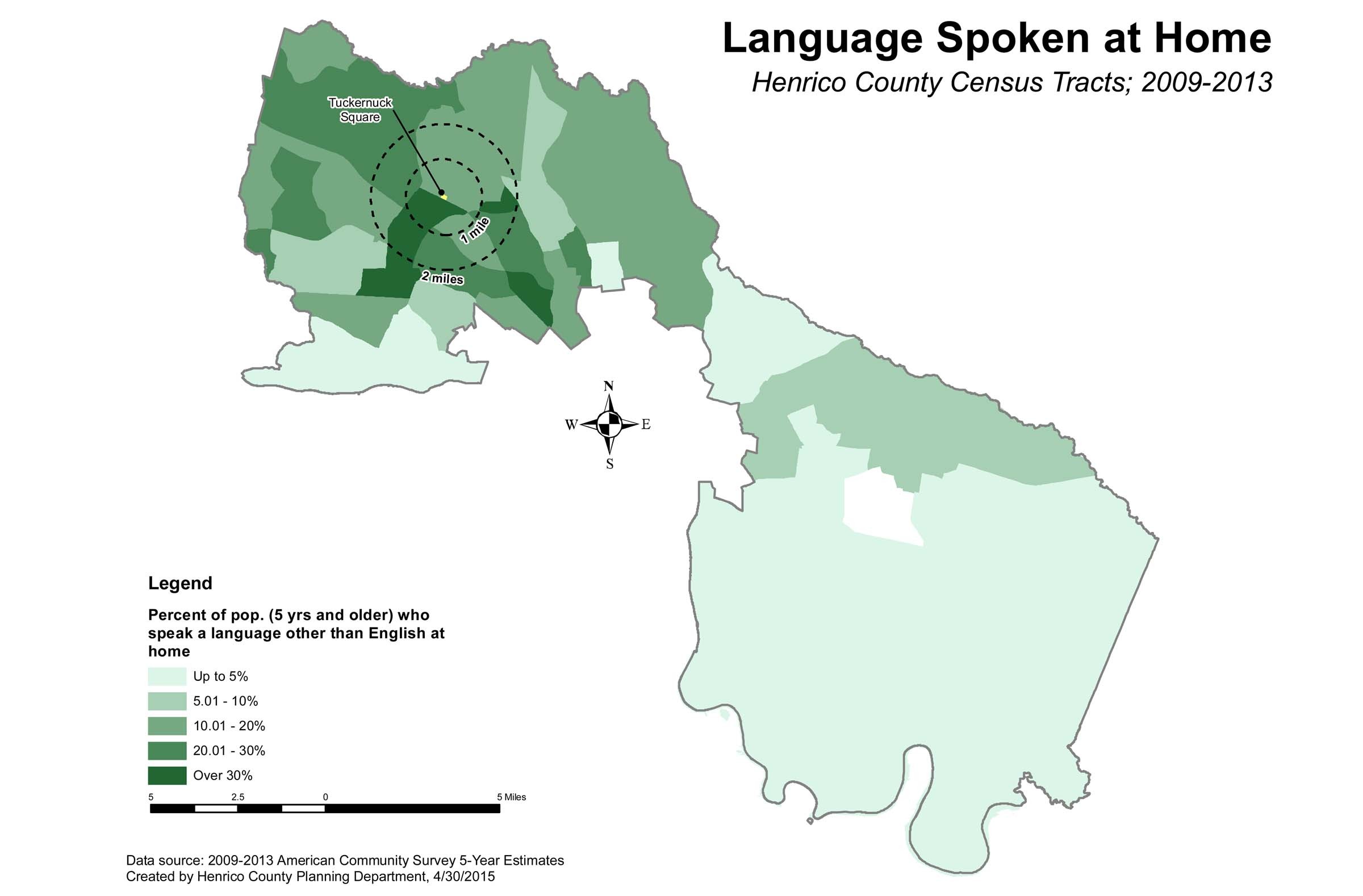 About 30 percent of people living within a mile of Tuckernuck Square speak a language other than English at home, twice the countywide average.