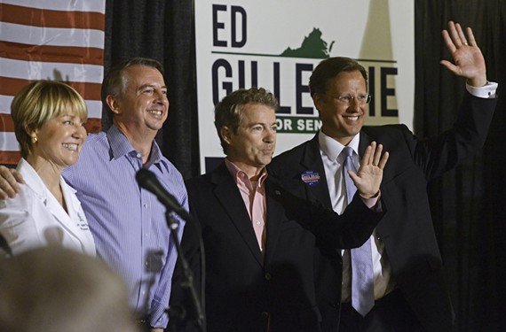 Dr. Suzanne Everhart, Republican Senate candidate Ed Gillespie, Sen. Rand Paul and Dave Brat greet supporters, below, at an October rally in Ashland. - SCOTT ELMQUIST
