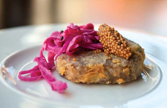 Infatuation begins with the crispy pig-head terrine with pickled mustard and red cabbage at the Roosevelt, where chef Lee Gregory goes free range at a good price. - SCOTT ELMQUIST