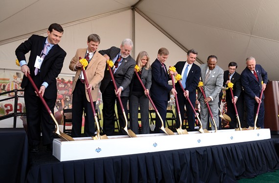 Mayor Jones, third from right, with City Council President Charles Samuels, Gov. Bob McDonnell and his wife, Maureen, and other officials help break ground Feb. 14 on the team’s training camp in Richmond. - SCOTT ELMQUIST