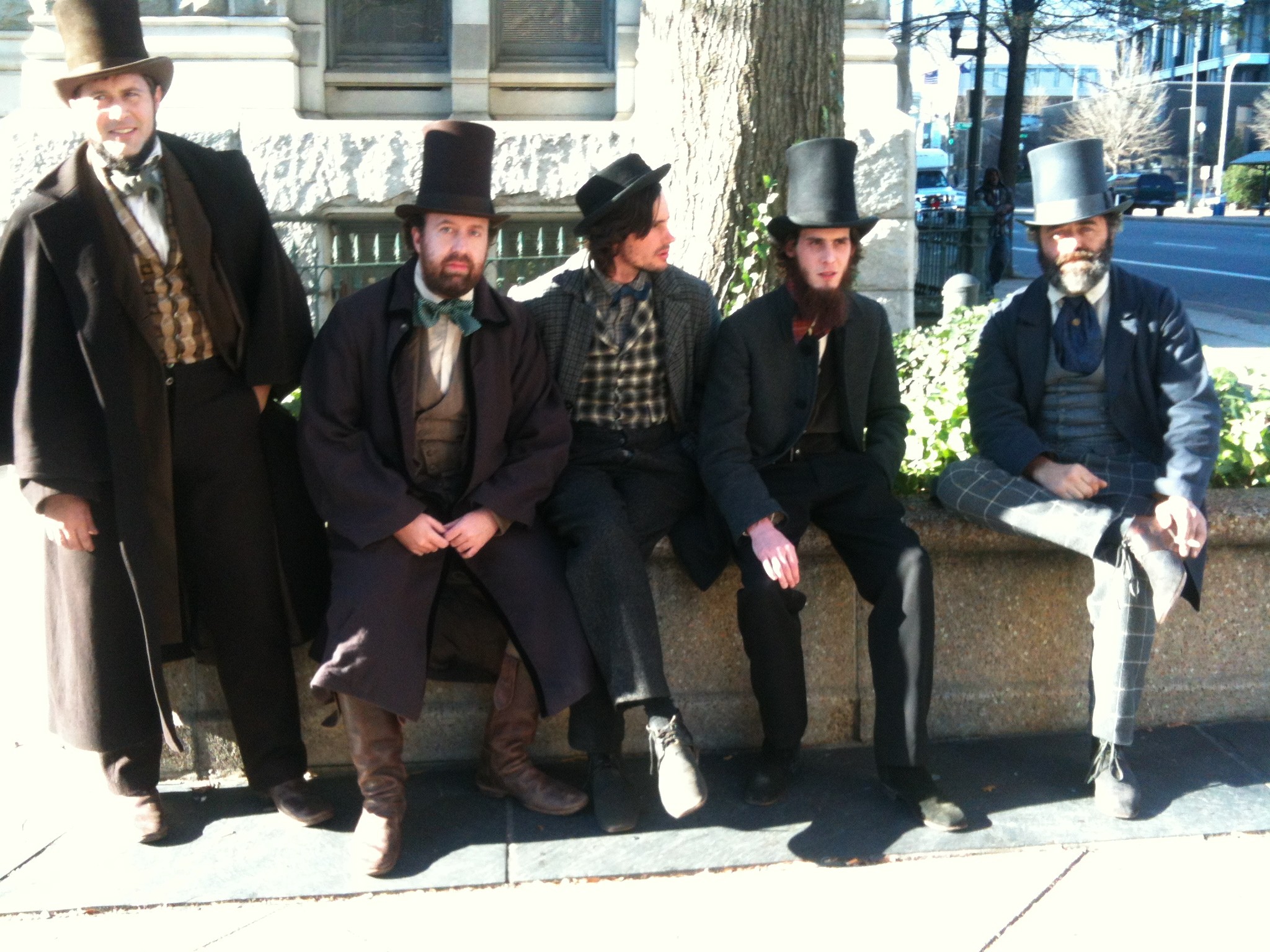 On a break from shooting near Capitol Square, the writer, second from left, with fellow extras Sean Burke, Tim Blackwood, Mark Gibson and Michael Marunde.