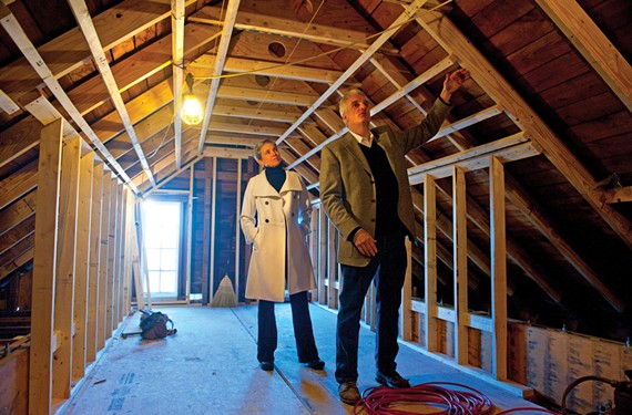 Paul and Julie Weissend inspect renovation progress on the third floor of Goshen, a historic Gloucester County farmhouse that dates to 1750 and where the overall project includes the drilling of geo-thermal wells. - SCOTT ELMQUIST