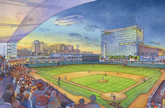 The proposed stadium would seat 7,000 and open in time for the Flying Squirrels’ 2016 season.