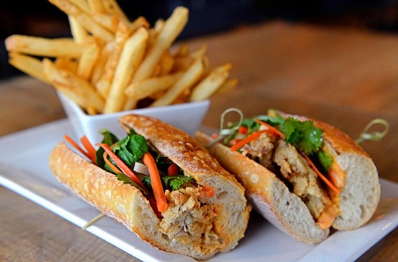 The Urban Tavern's po' mi sandwich, a cross between a Vietnamese banh mi and an oyster po' boy is composed of fried Virginia oysters, traditional banh mi toppings and a spicy remoulade.