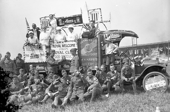 During World War I, soldiers take a break at the Virginia State Fairgrounds and enjoy refreshments from a Beva soft drink truck. The fairgrounds were between West Broad Street and Hermitage Road where the Science Museum of Virginia and the Redskins training camp now stand. - THE VALENTINE