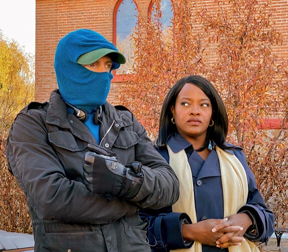 Director Fran Kranz and Michelle N. Carter in side-eye mode on the set of "Mass." Despite this photo, both were highly complimentary of each other and enjoyed working together.