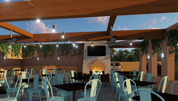 A rendering of the outdoor seating concept for Cocodrilo, located at 5811 Grove Ave. (formerly Caturra on Grove).
