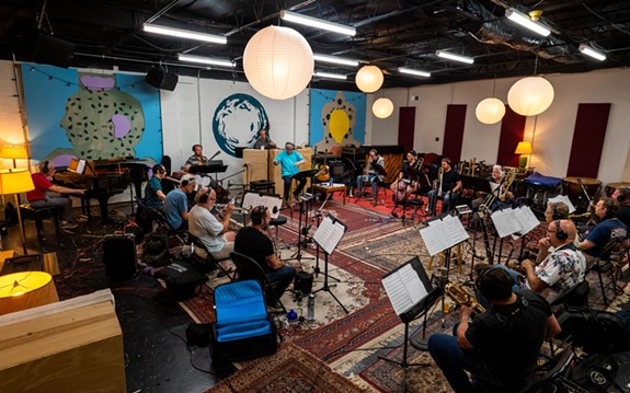 The studio setup at Spacebomb for Doug Richards'arrangements of the Brazilian composer Antonio Carlos Jobim. - PETER MCELHINNEY