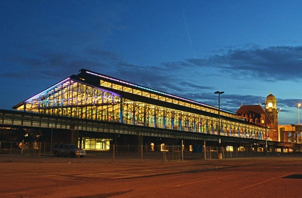 An exterior image of Main Street station at night.