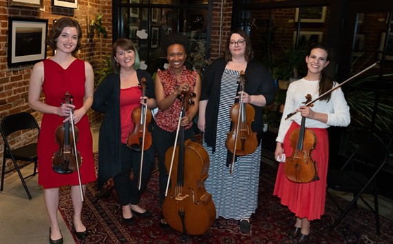 For the second installment of the So Hot Right Now series, Rosette is performing the creative music of Kenji Bunch, a violist and composer based in Portland, Oregon. Pictured in photo from left: Ellen Cockerham Riccio (violin), Treesa Gold (violin), Steph Barret (cello), Kimberly Ryan (viola), and guest artist Danielle Wiebe Burke (viola).
