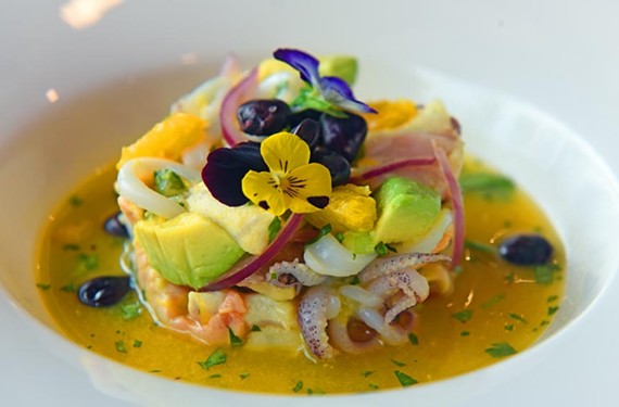 Maya Mexican offers a daily ceviche special — here, octopus, scallops, shrimp and avocado are topped with red onions, oranges and edible flowers for a burst of color.