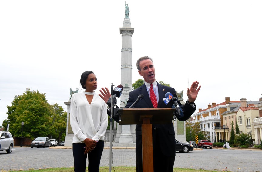 Then-candidate Joe Morrissey, next to his wife Myrna, suggests removing the Jefferson Davis monument during last year’s mayoral campaign. He later modified his position. - SCOTT ELMQUIST