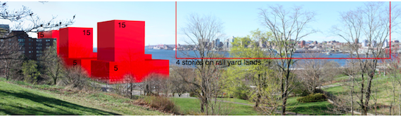 A simulated view of the waterfront from the Dartmouth Common, with envisioned 15-storey buildings on city-owned land to the left, and a line showing a four-storey height limit on CN property, to the right.