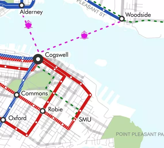 As opposed to the colour-crazy map Halifax Transit stands behind, this snippet from It’s More Than Buses’ proposal shows what an elegantly composed bus system could look like. High-frequency routes leading to - and from major transfer points keeps it simple. - COURTESY IT’S MORE THAN BUSES