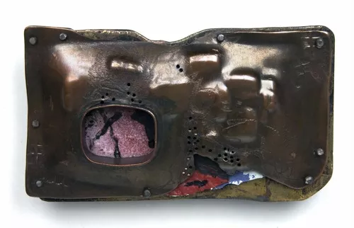 Belt buckle: copper, brass, silver, found objects, patina, paint Belt buckle: copper, brass, silver, found objects, patina, paint
