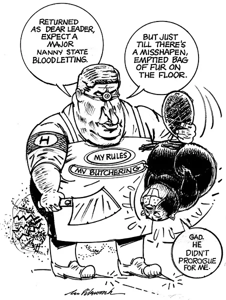 Cartoon depicting prime minister Harper as a Nazi-life cyclops creature attacking a beaver
