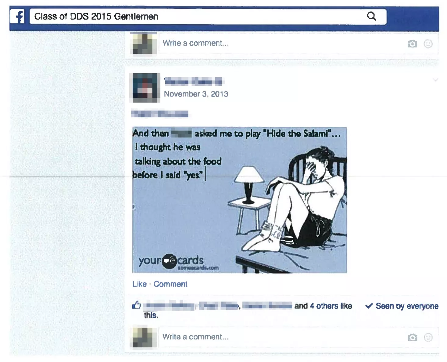 Facebook post showing an online greeting card about one of the Gentlemen playing "Hide the Salami" with a woman.