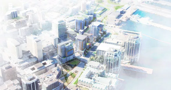 How downtown could look after cleaving the Cogswell Interchange blockage. illustration courtesy Ekistics Plan+Design