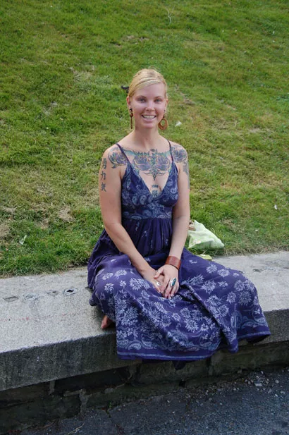 Not too many people can look this put together right after a camping trip, but Ainsley, stopping by Black Market to pick up hair forks on her way home, looks cool on a hot day, thanks to her pretty floral sundress, paired with basic wood and leather accessories.