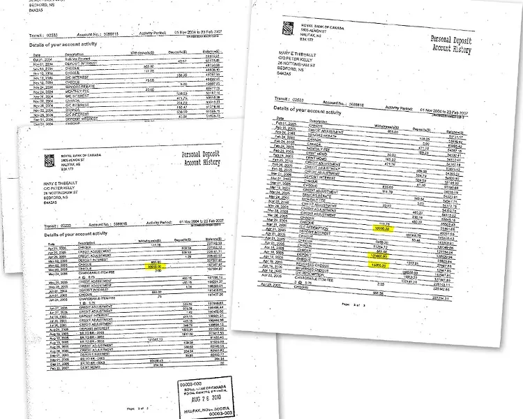 Records from Mary Thibeault’s bank account.