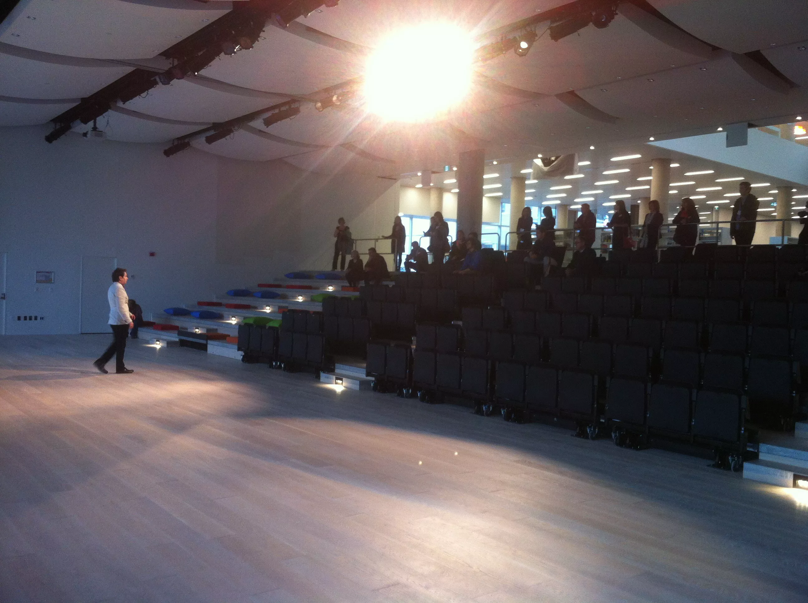 The theatre hold 300, with seats that tuck away, a retractable wall to separate it from the Library and its own back entrance.