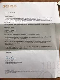 Dalhousie president Richard Florizone's letter to residents.