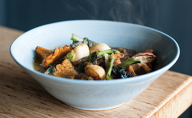 Mixed wild mushrooms with chanterelle broth, hakurei turnip, choy, fermented choy puree and kombu powder - JESSICA EMIN