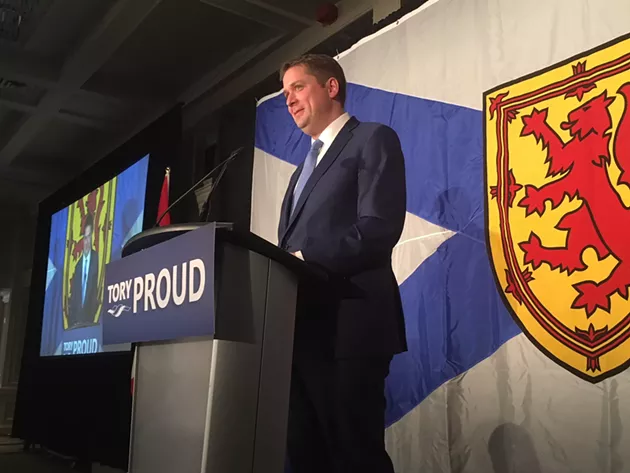 Conservative Party leader Andrew Scheer speaks during Saturday's luncheon at the Nova Scotia PC AGM in Halifax. - MAIRIN PRENTISS