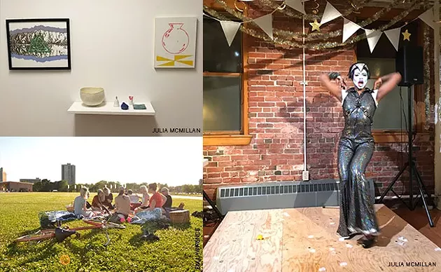 Artwork by Katherine Nakaska, Sam Kinsley, Helah Cooper and Kyle Martell at Silver and Gold 2018, Joee performing at Silver and Gold 2018’s drag show, Eyelevel’s Food for Thoughts picnic on
the Common in 2016.