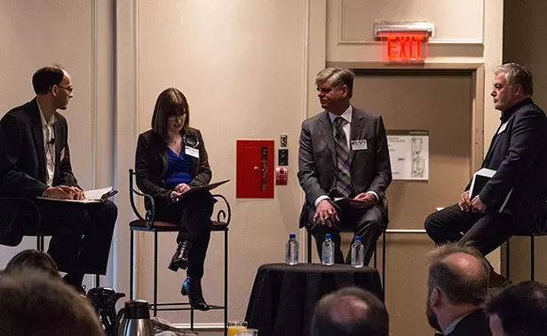 From left to right; the moderator, Saulnier, Poschmann and Morgan talk minimum wage last week in Halifax. - KIERAN LEAVITT