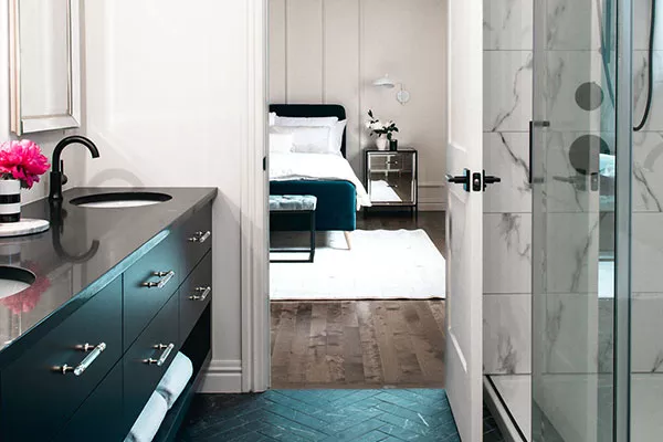 “It’s really, really chic and the sightline when you’re standing in the bathroom looking out to the bedroom and seeing those mouldings—it totally works somehow.” - ALEXA CUDE