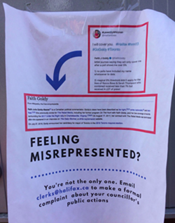 Someone put up fliers on mailboxes around Tantallon and St. Margarets Bay with Whitman's #GoGoldy tweet, a screen cap of Goldy’s Wikipedia and information on how to contact the clerks’ office to file an official complaint. - VIA HFX REDDIT