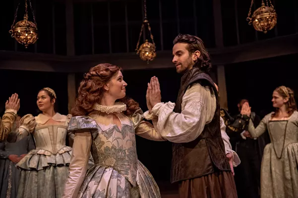 Sarah English as Viola and Allister MacDonald as Will in Shakespeare in Love. - NEPTUNE THEATRE