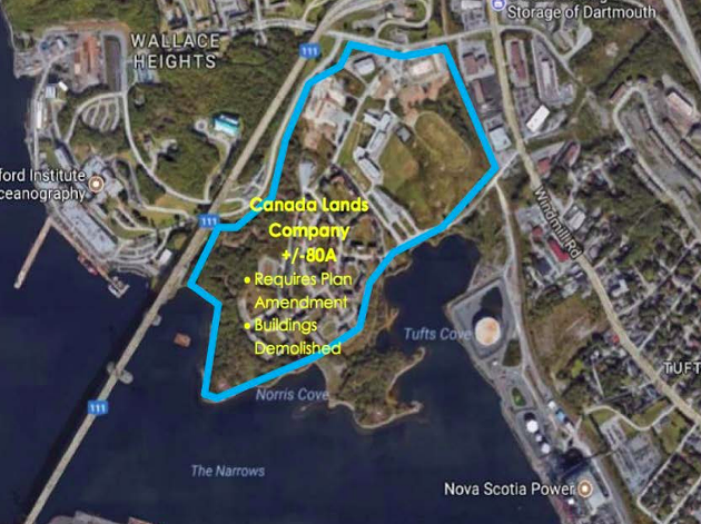 MFL's proposed stadium location. The peninsula jutting out beyond the blue border belongs to the Millbrook First Nation. - VIA HRM