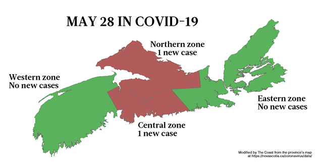 Map of where the new COVID-19 cases are in Nova Scotia on May 28, by the NSHA zones.
