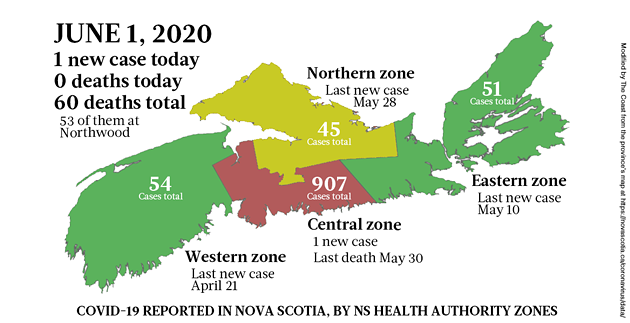Map of COVID-19 cases in Nova Scotia as of June 1, 2020.