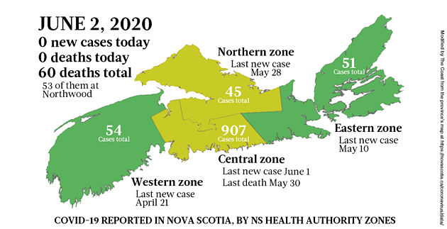 Map of COVID-19 cases in Nova Scotia as of June 2, 2020.
