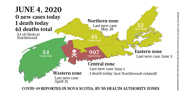 Map of COVID-19 cases in Nova Scotia as of June 4, 2020.