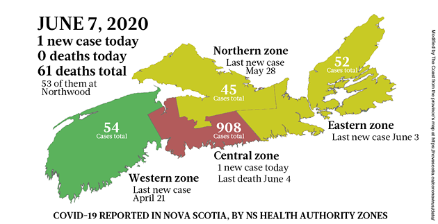 Map of COVID-19 cases in Nova Scotia as of June 7, 2020. - THE COAST