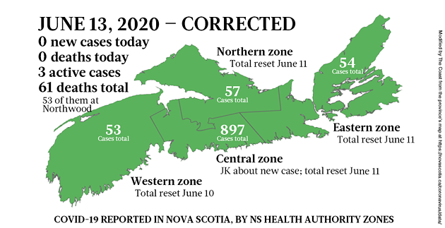 The corrected map of COVID-19 cases in Nova Scotia as of June 13, 2020. - THE COAST