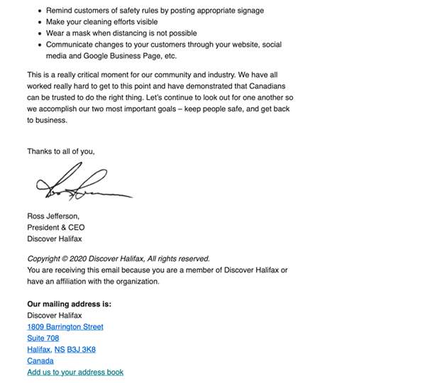 Second half of the draft email about opening Nova Scotia to the rest of Canada, which Discover Halifax accidentally sent out.